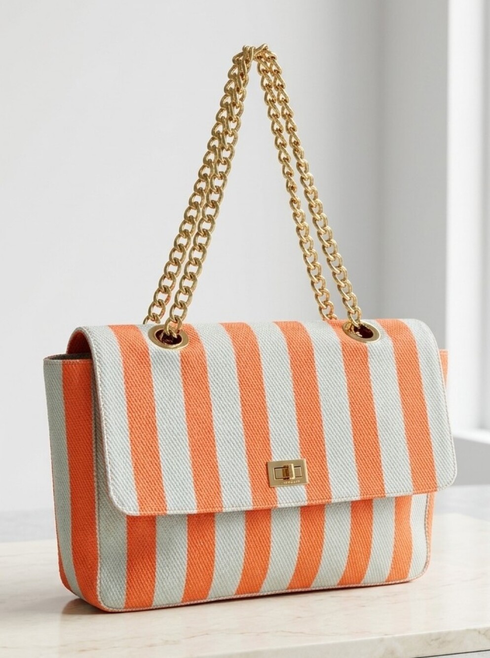 WKND WYFR Orange Striped Flap Shoulder Bag Chunky Gold Chain Coastal Resort OS